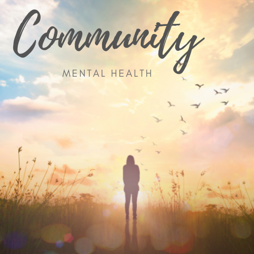 shadowed image of a person in a field at sunset with birds flying in the yellow sky. At the top of the photo are the words Community Mental Health