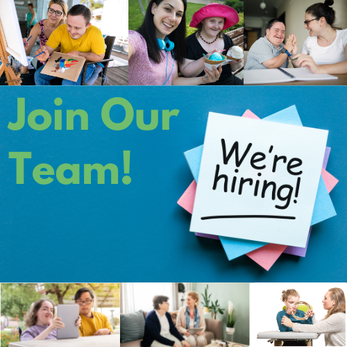 Join our Team, Wer're hiring. Several images of people helping indviduals in daily living activities.