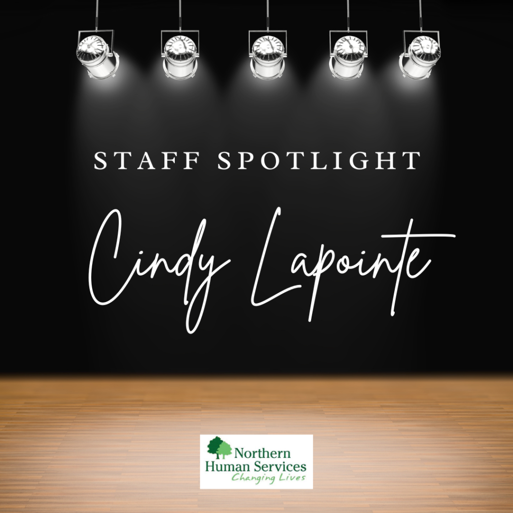 five spotlights on a stage with the words Staff Spotlight, Cindy Lapointe